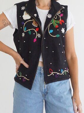 Vintage Studio Joy Black Santa Reindeer Snowflake Lights Ugly Christmas Vest PXL